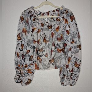 Live 4 Truth Womens White Butterfly Newsprint Puff Sleeve Off Shoulder Top M